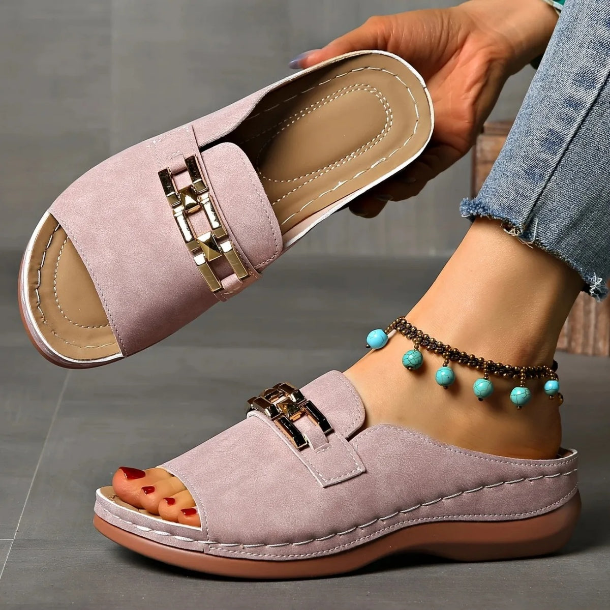 ✅Women's Golden Buckle Orthopedic Slip-On Sandals