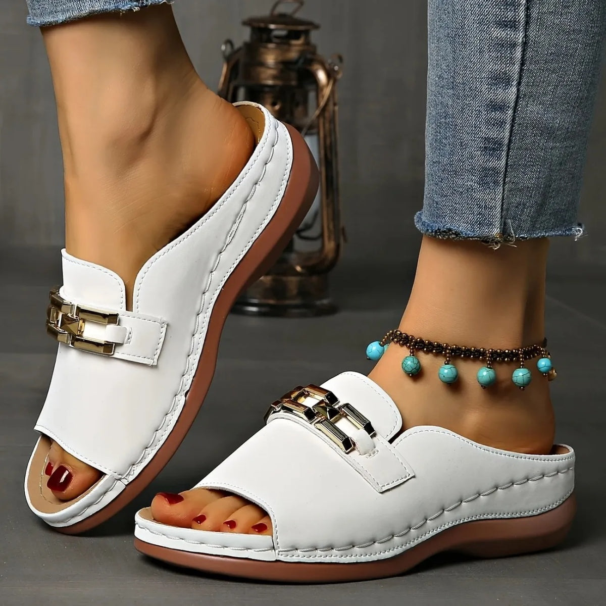 ✅Women's Golden Buckle Orthopedic Slip-On Sandals