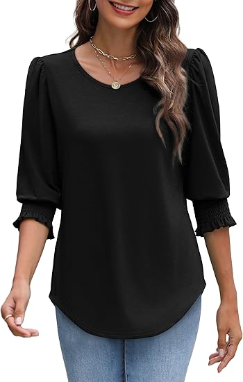 ☀️Summer Hot Sale 50% OFF🌼🎨Women Dressy 3/4 Length Sleeve Casual Tops with Smocked Cuffs