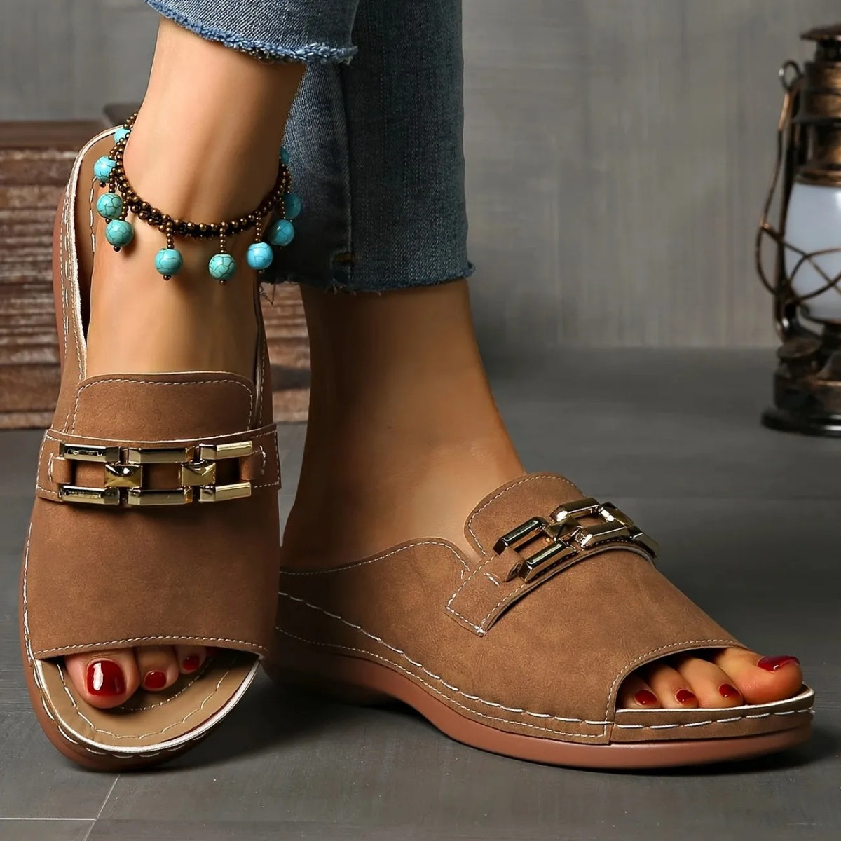 ✅Women's Golden Buckle Orthopedic Slip-On Sandals