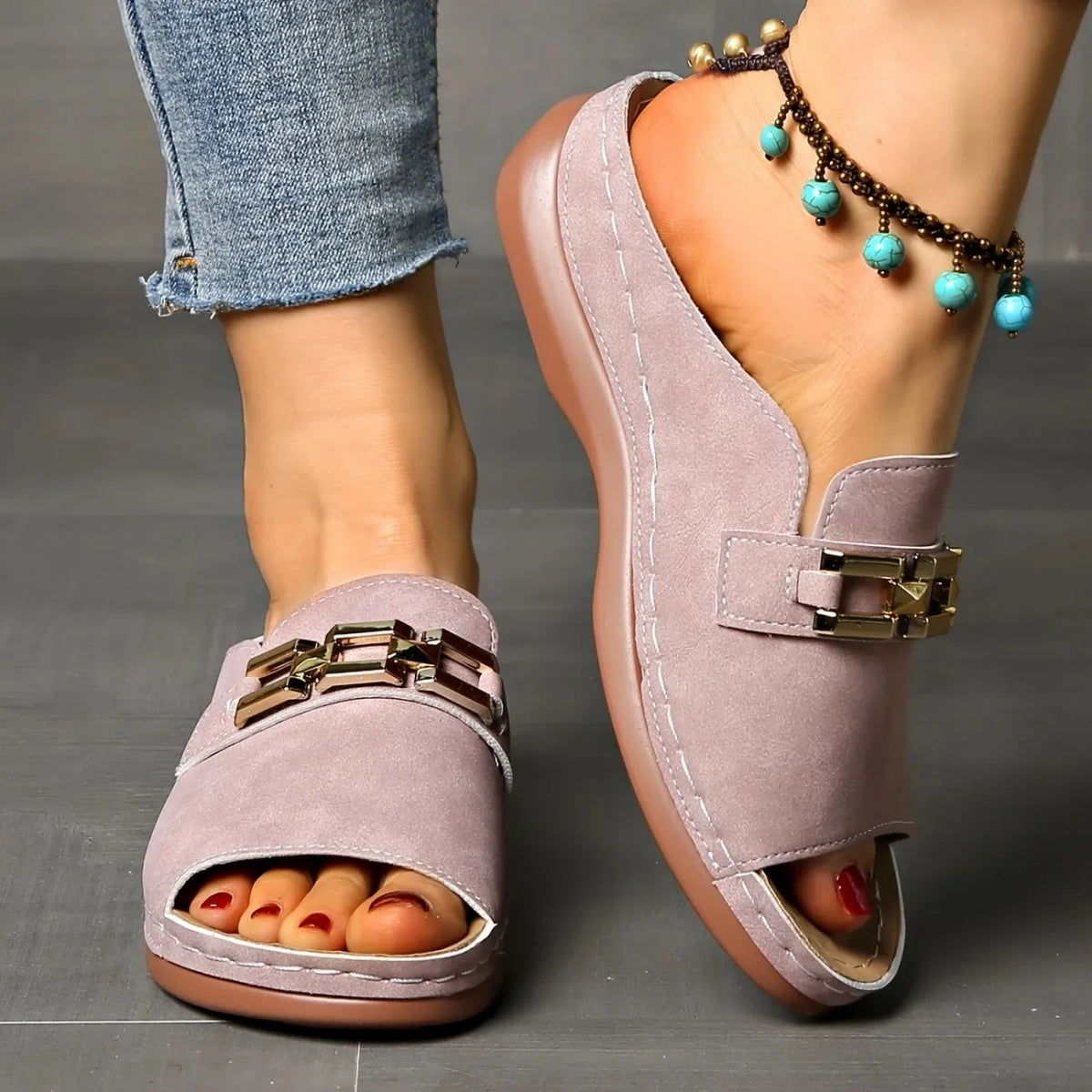 ✅Women's Golden Buckle Orthopedic Slip-On Sandals