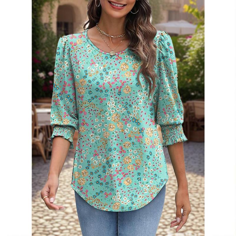 ☀️Summer Hot Sale 50% OFF🌼🎨Women Dressy 3/4 Length Sleeve Casual Tops with Smocked Cuffs