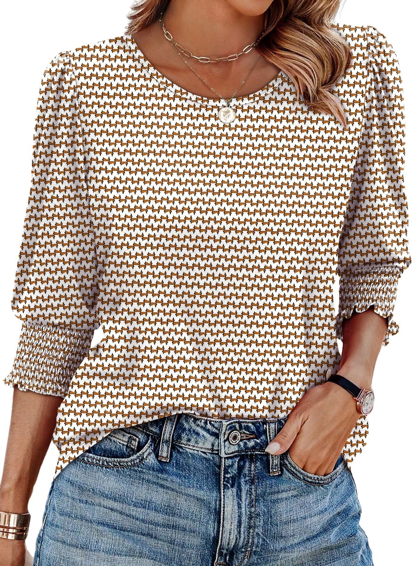☀️Summer Hot Sale 50% OFF🌼🎨Women Dressy 3/4 Length Sleeve Casual Tops with Smocked Cuffs