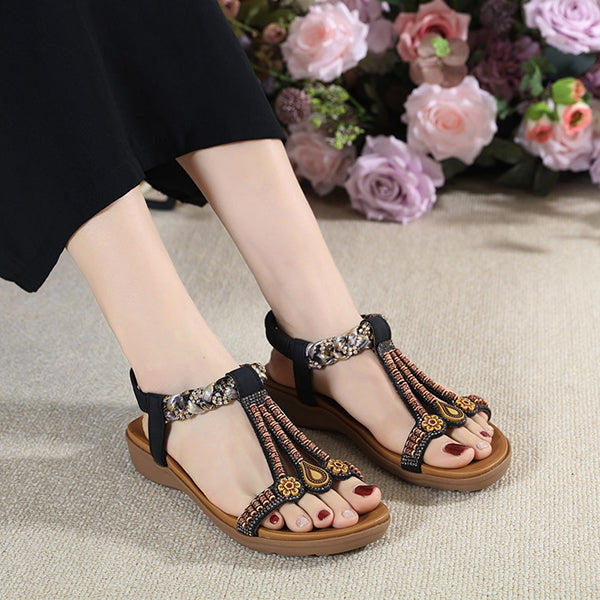 LAST DAY 70% OFF-Womens Rhinestone Beads Bohemian Breathable Wedge Sandals
