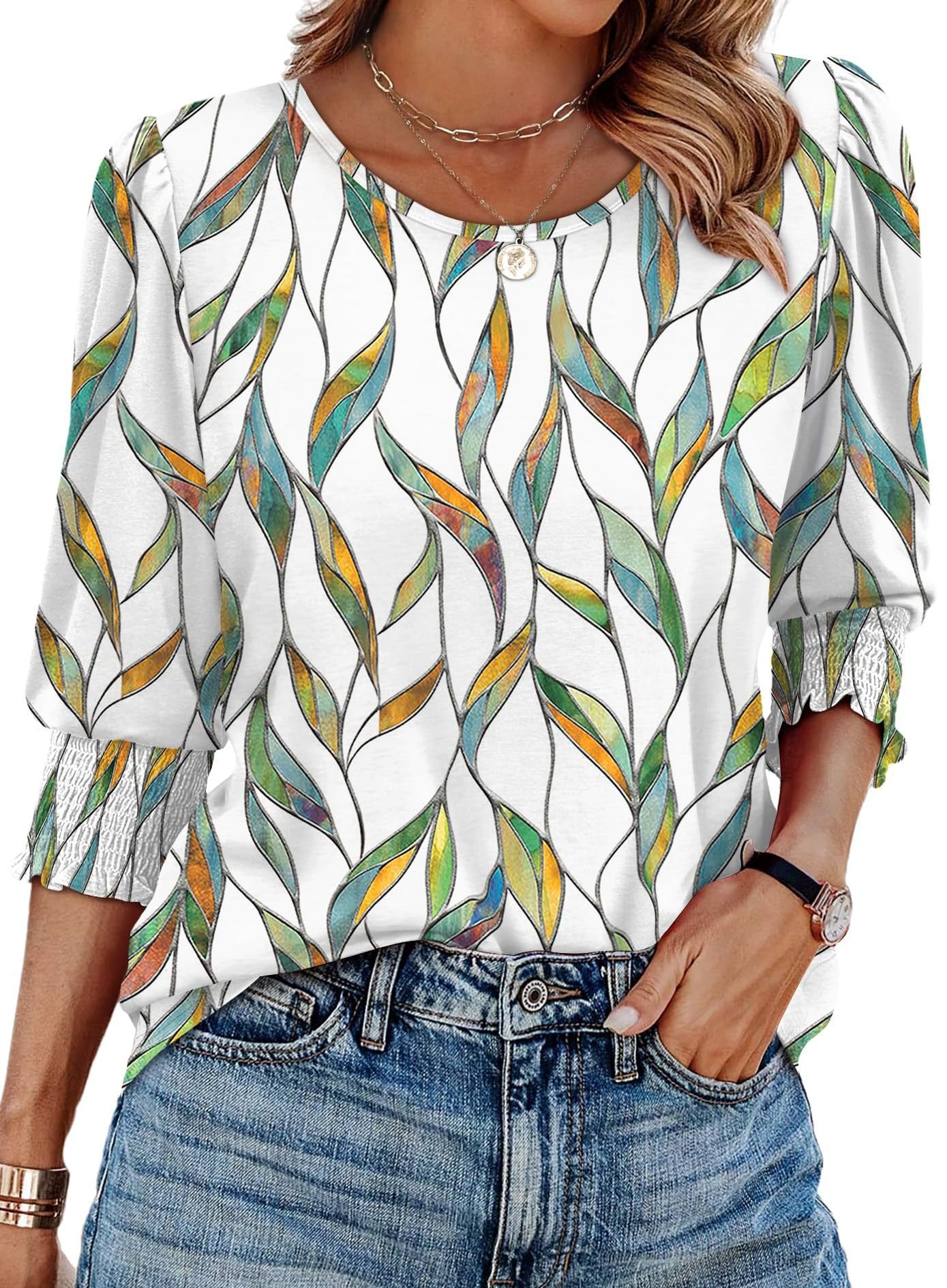 ☀️Summer Hot Sale 50% OFF🌼🎨Women Dressy 3/4 Length Sleeve Casual Tops with Smocked Cuffs