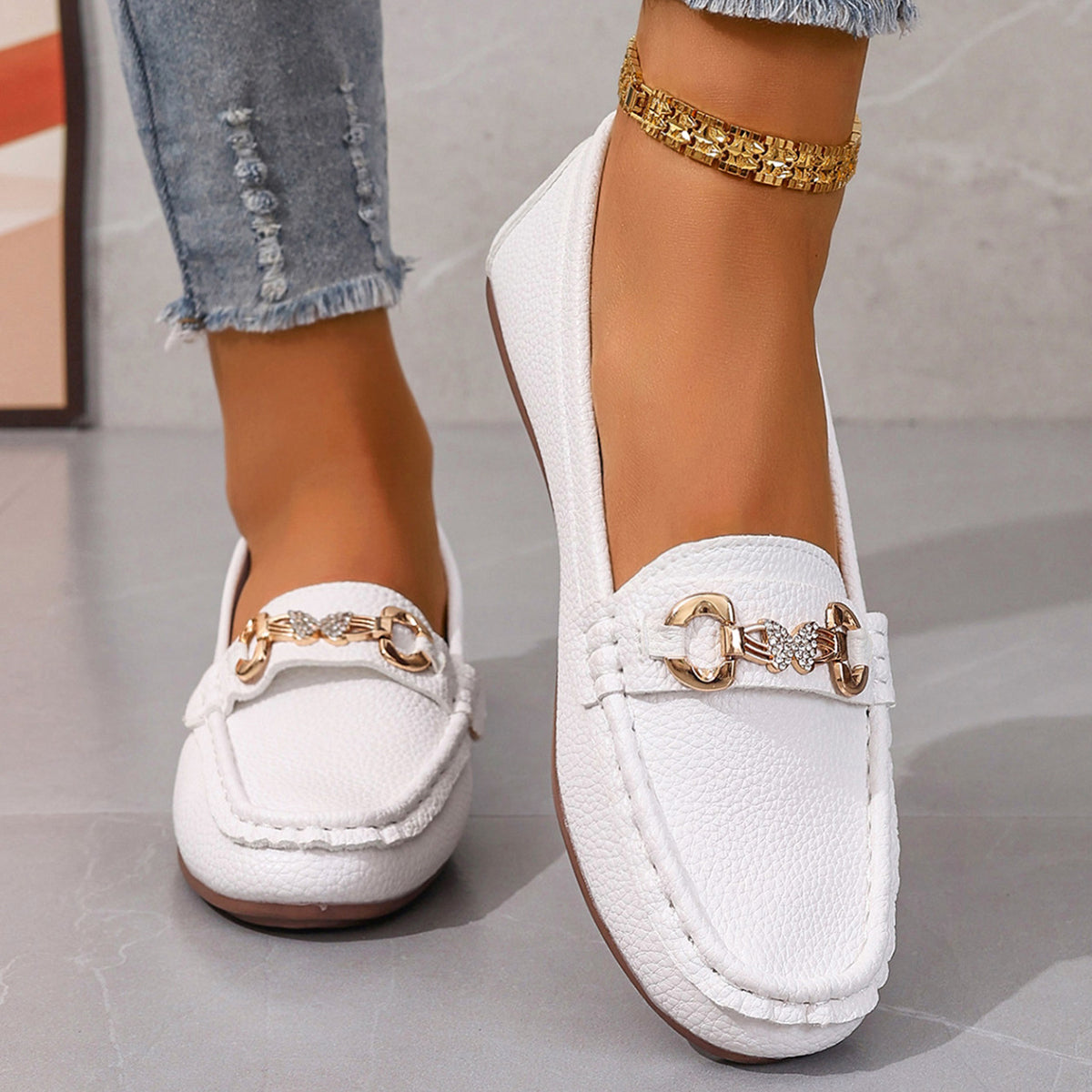 💝Best-1 Sale Leather Loafer 2025💝Women's Slip on Butterfly Strap PU Leather Loafer Diamond Ladies Shoes