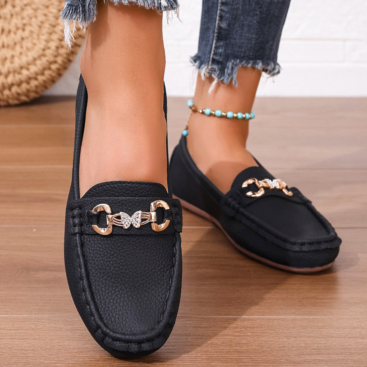 💝Best-1 Sale Leather Loafer 2025💝Women's Slip on Butterfly Strap PU Leather Loafer Diamond Ladies Shoes