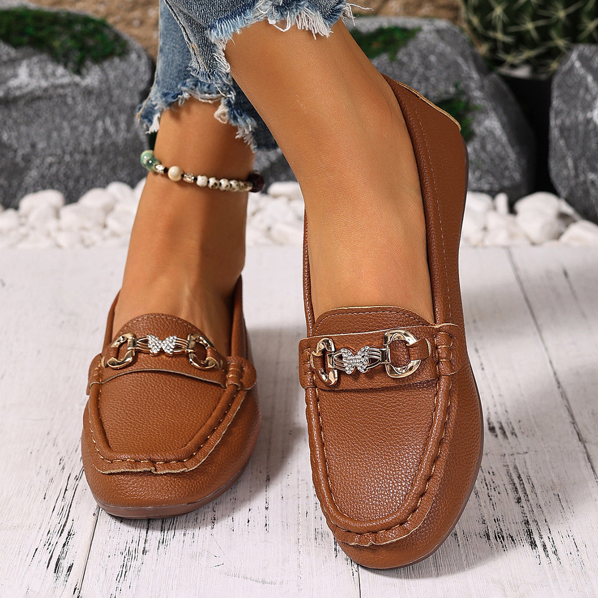 💝Best-1 Sale Leather Loafer 2025💝Women's Slip on Butterfly Strap PU Leather Loafer Diamond Ladies Shoes