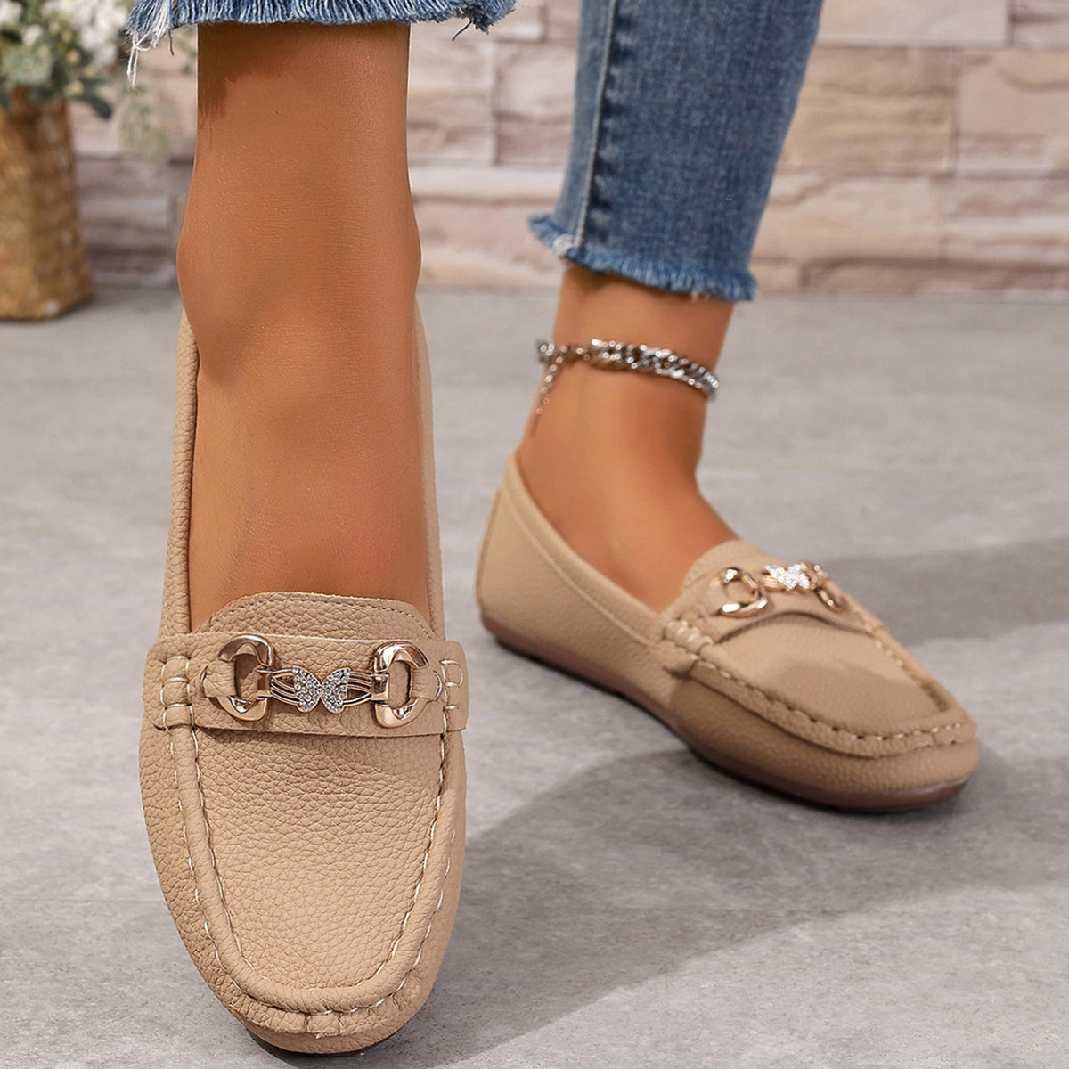 💝Best-1 Sale Leather Loafer 2025💝Women's Slip on Butterfly Strap PU Leather Loafer Diamond Ladies Shoes