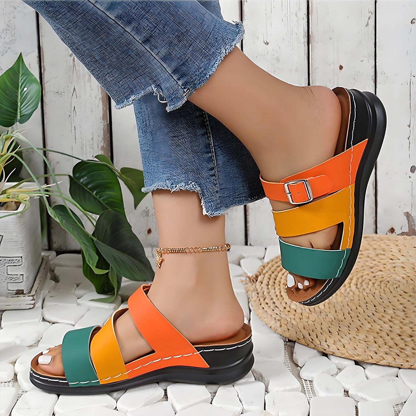 🧚Women's Open Toe Colorblock Wedge Slide Sandals