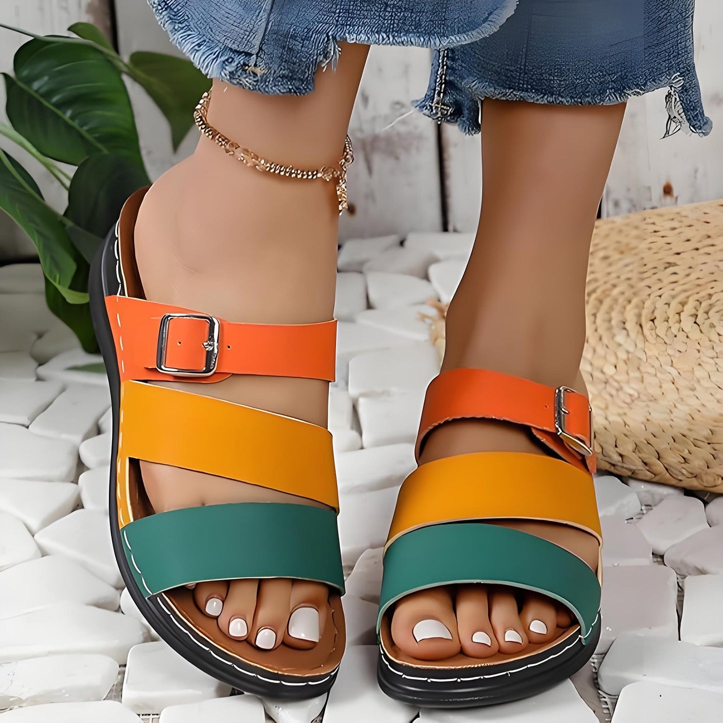 🧚Women's Open Toe Colorblock Wedge Slide Sandals