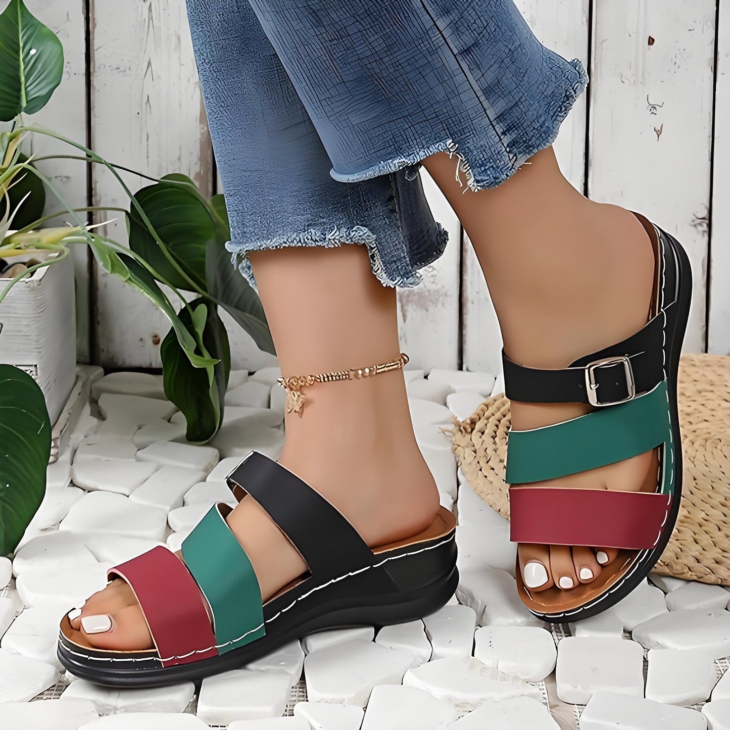 🧚Women's Open Toe Colorblock Wedge Slide Sandals
