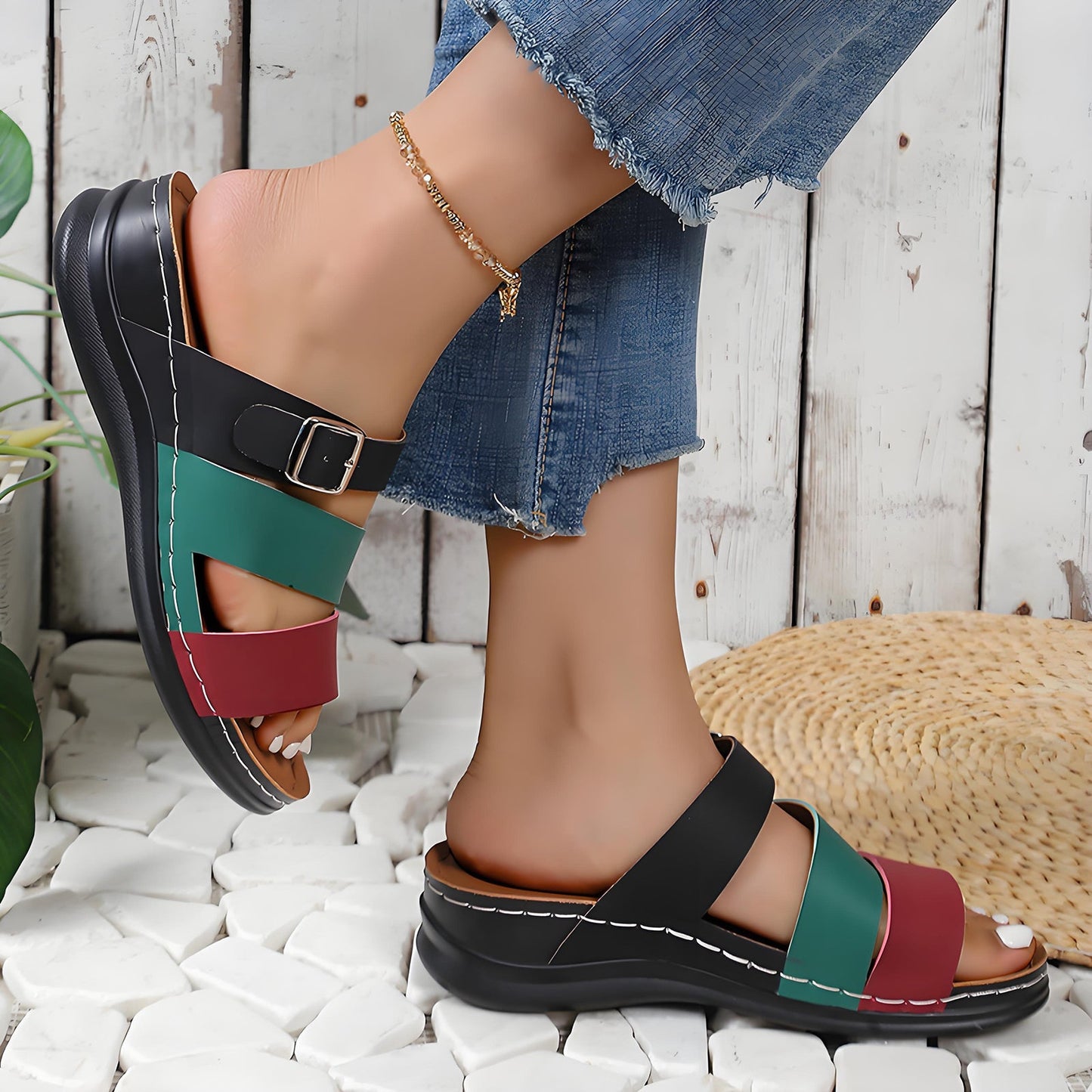 🧚Women's Open Toe Colorblock Wedge Slide Sandals