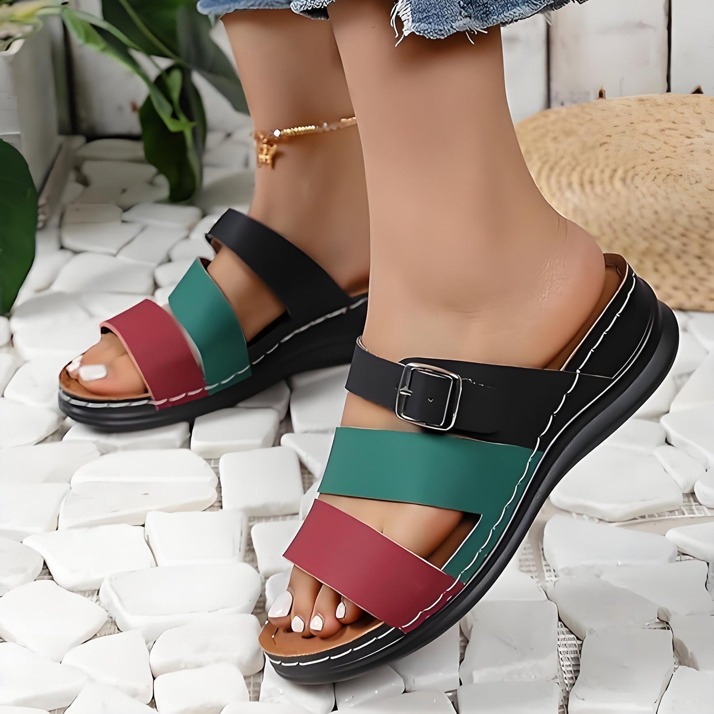 🧚Women's Open Toe Colorblock Wedge Slide Sandals