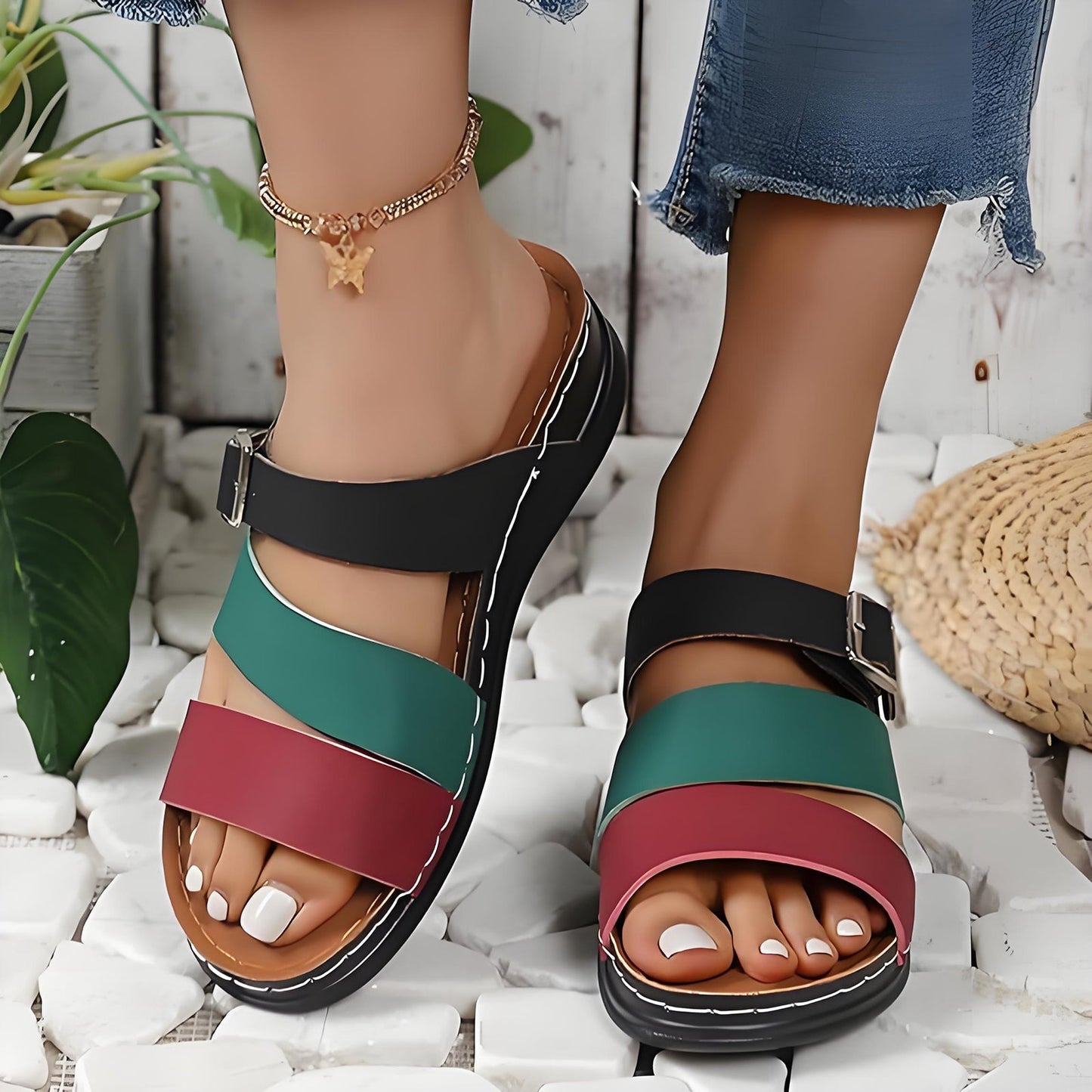 🧚Women's Open Toe Colorblock Wedge Slide Sandals