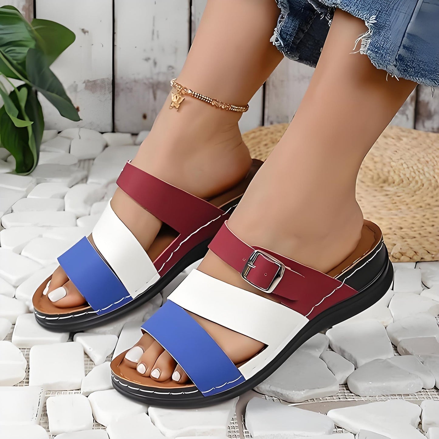 🧚Women's Open Toe Colorblock Wedge Slide Sandals