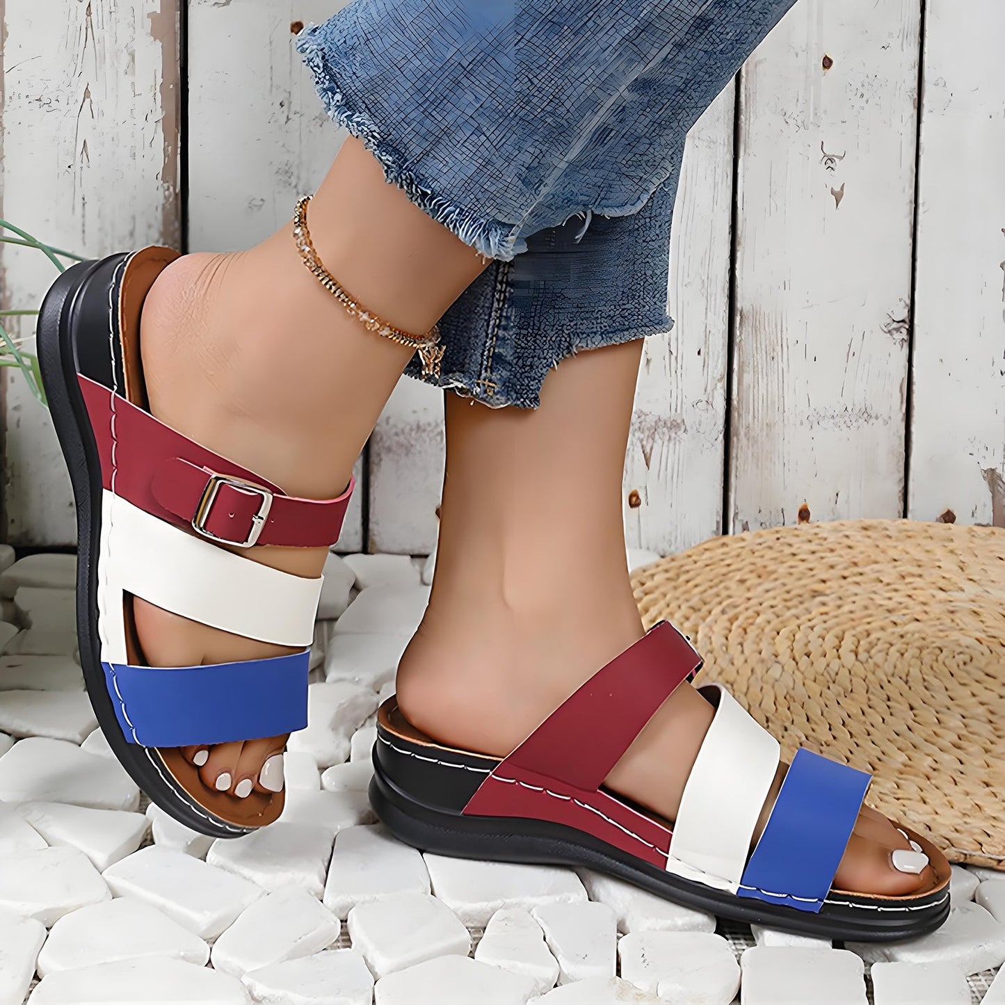 🧚Women's Open Toe Colorblock Wedge Slide Sandals