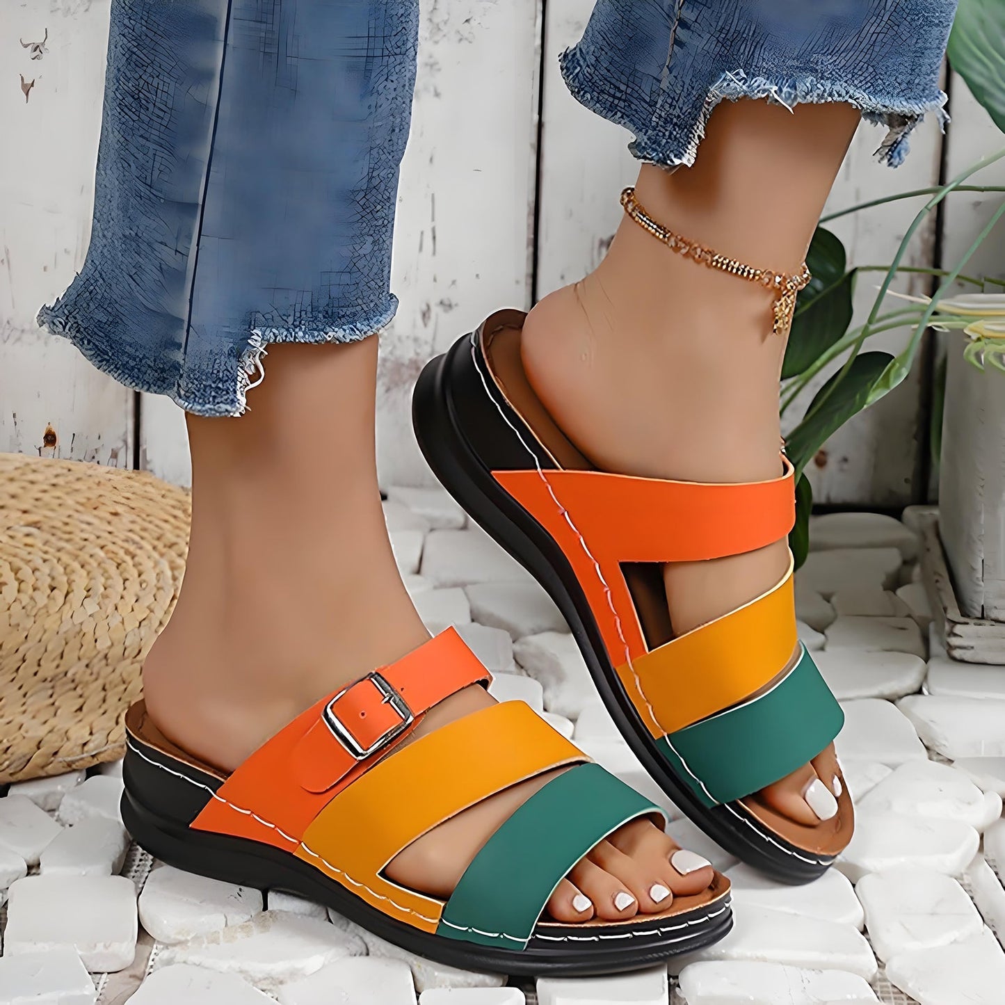 🧚Women's Open Toe Colorblock Wedge Slide Sandals