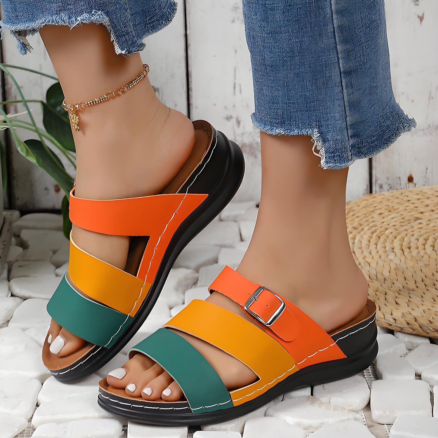 🧚Women's Open Toe Colorblock Wedge Slide Sandals
