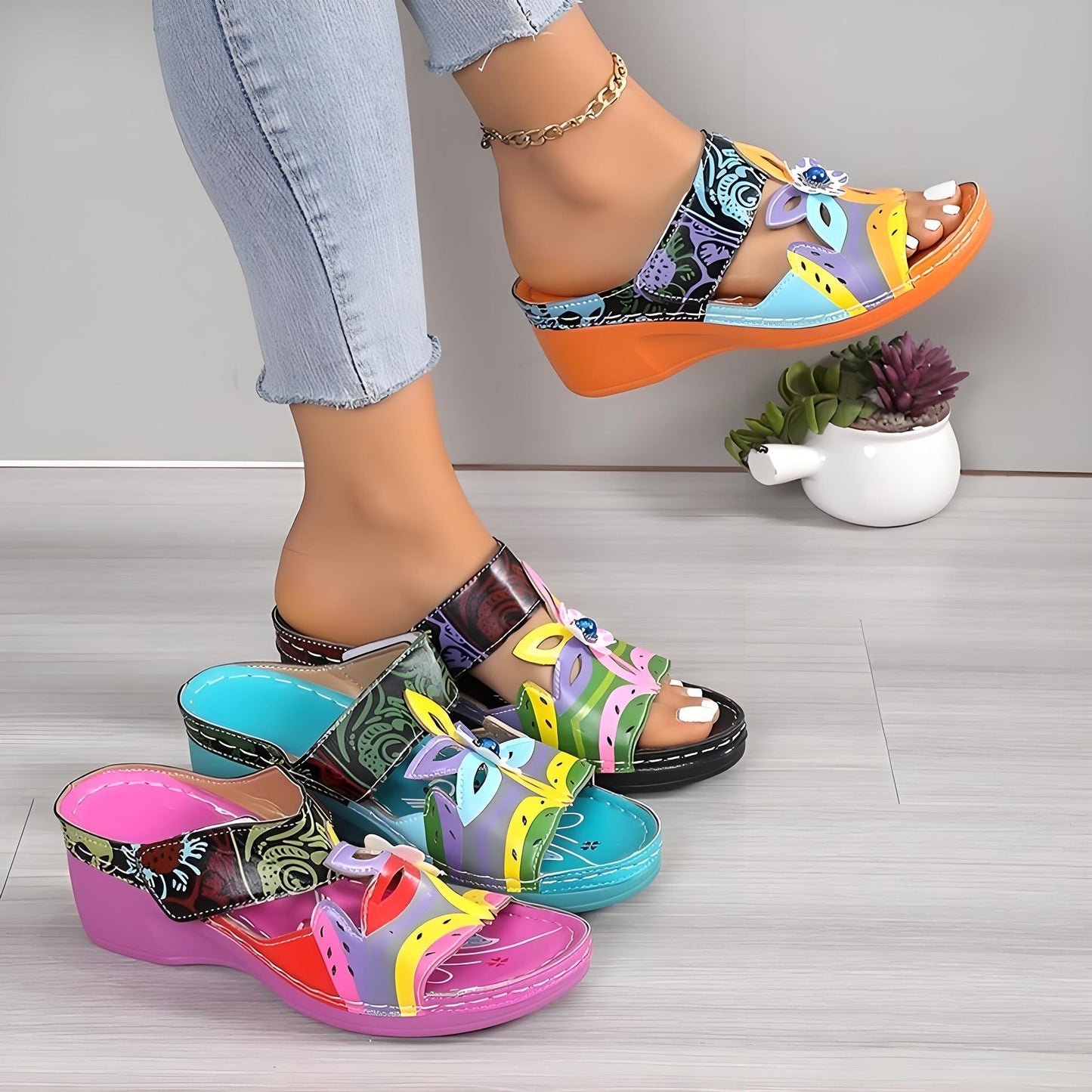 🧚Women's Open Toe Colorblock Wedge Slide Sandals