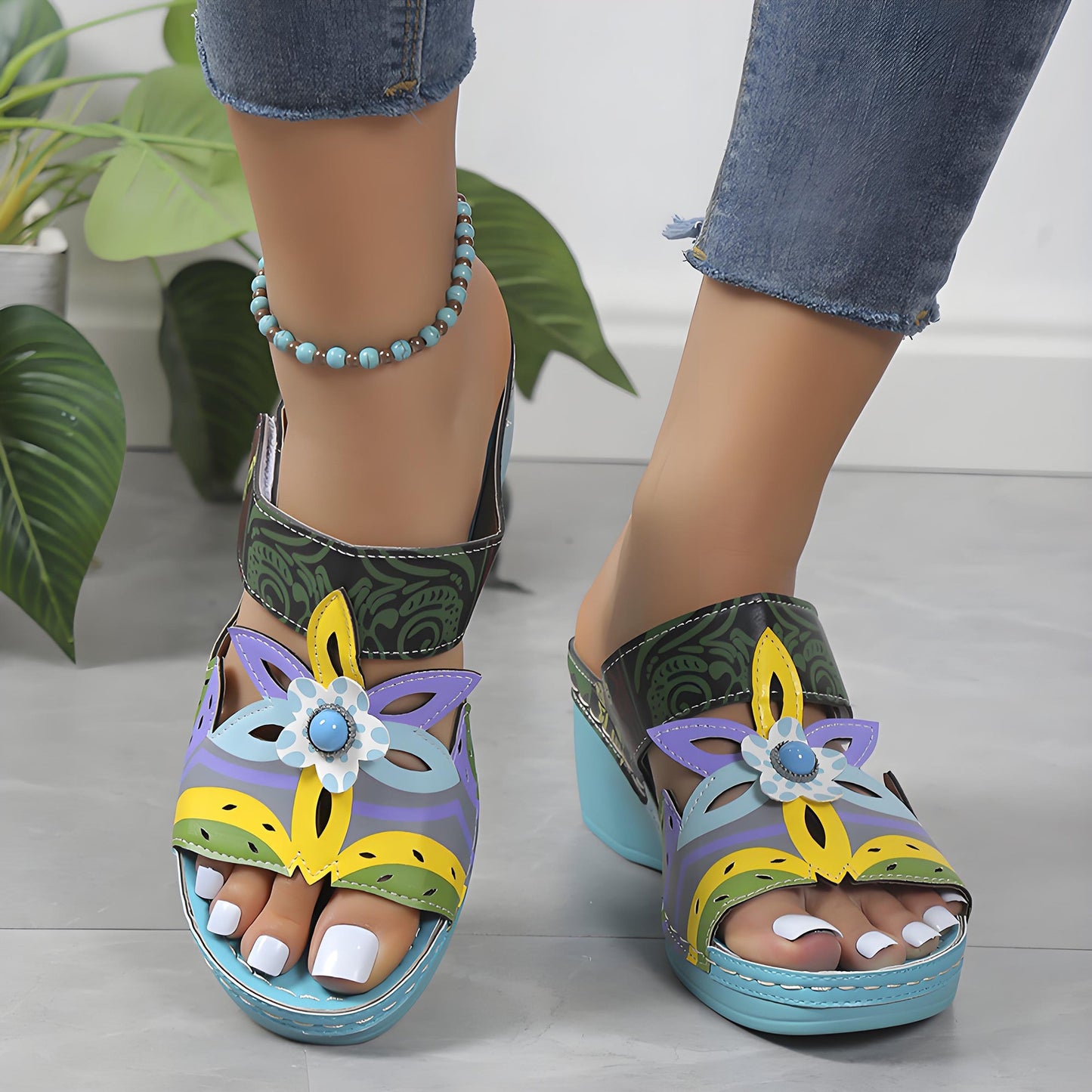 🧚Women's Open Toe Colorblock Wedge Slide Sandals