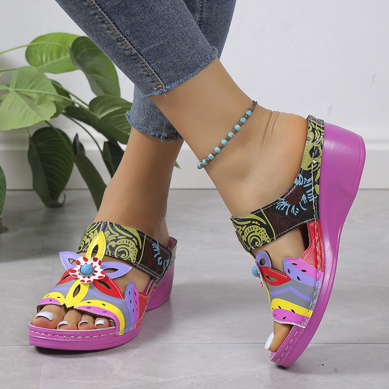 🧚Women's Open Toe Colorblock Wedge Slide Sandals