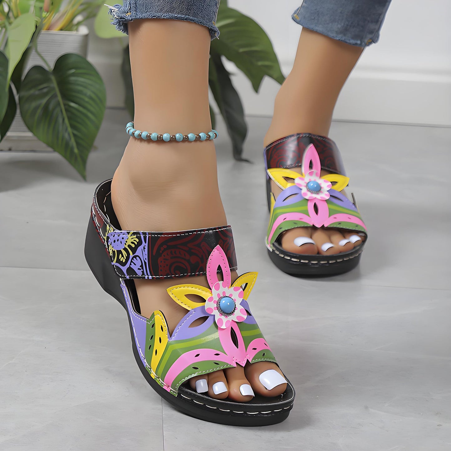 🧚Women's Open Toe Colorblock Wedge Slide Sandals