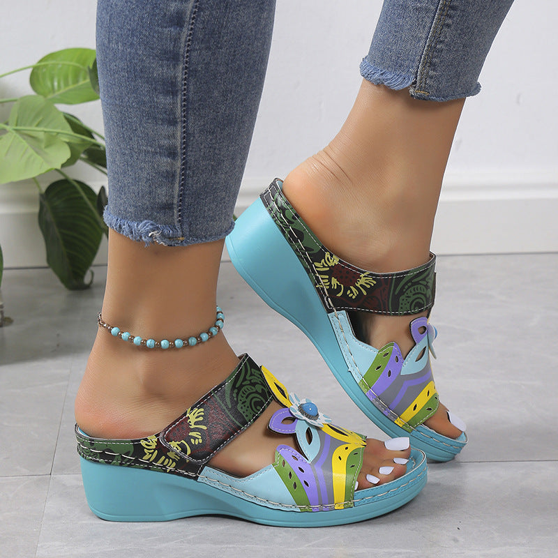 🧚Women's Open Toe Colorblock Wedge Slide Sandals
