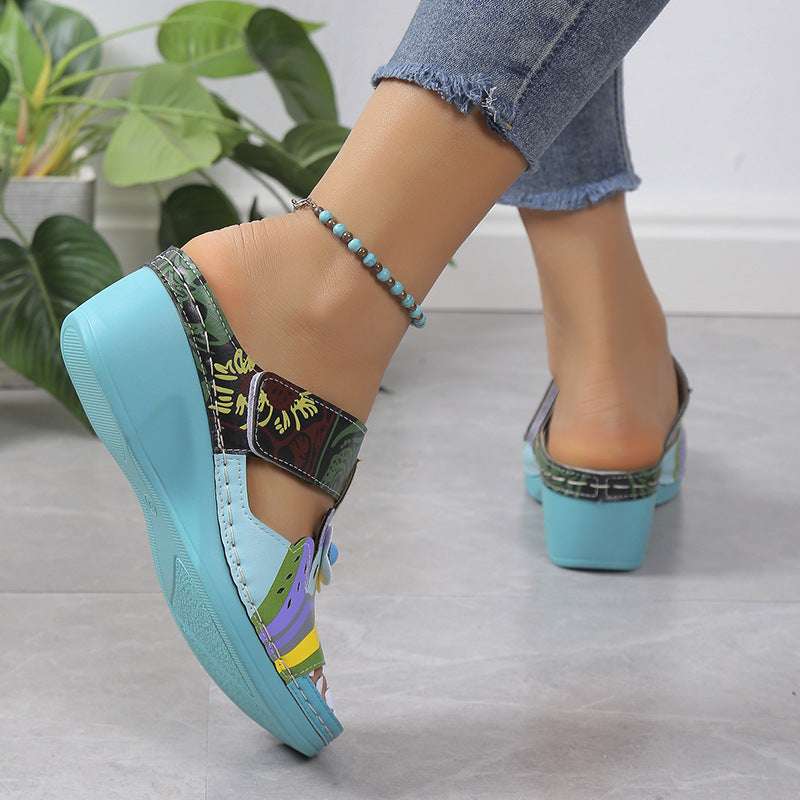 🧚Women's Open Toe Colorblock Wedge Slide Sandals