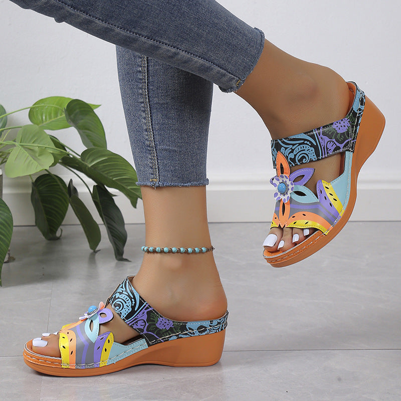 🧚Women's Open Toe Colorblock Wedge Slide Sandals