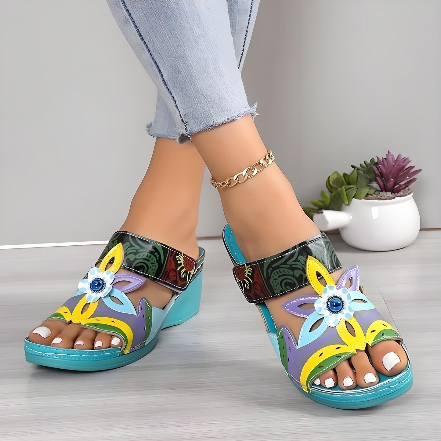 🧚Women's Open Toe Colorblock Wedge Slide Sandals