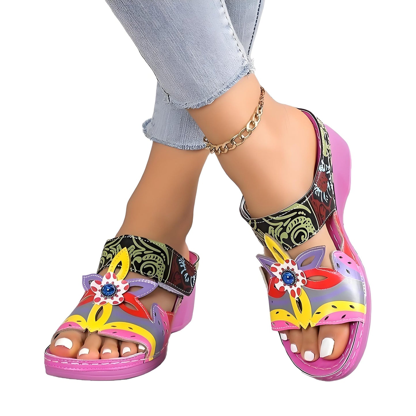 🧚Women's Open Toe Colorblock Wedge Slide Sandals