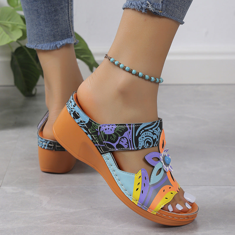 🧚Women's Open Toe Colorblock Wedge Slide Sandals