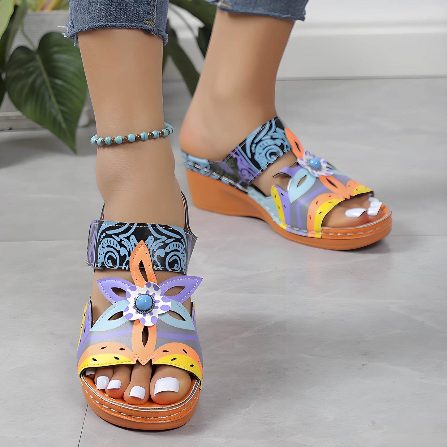 🧚Women's Open Toe Colorblock Wedge Slide Sandals