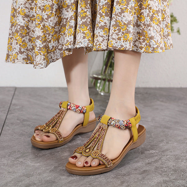 LAST DAY 70% OFF-Womens Rhinestone Beads Bohemian Breathable Wedge Sandals