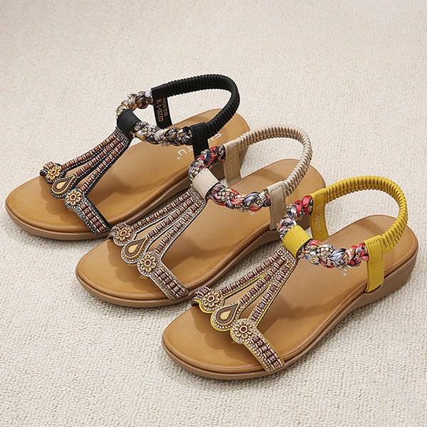 LAST DAY 70% OFF-Womens Rhinestone Beads Bohemian Breathable Wedge Sandals