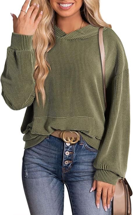 2025 Women's Pullover Hoodies Sweatshirts Casual Loose Long Sleeve Ribbed Knit Shirts