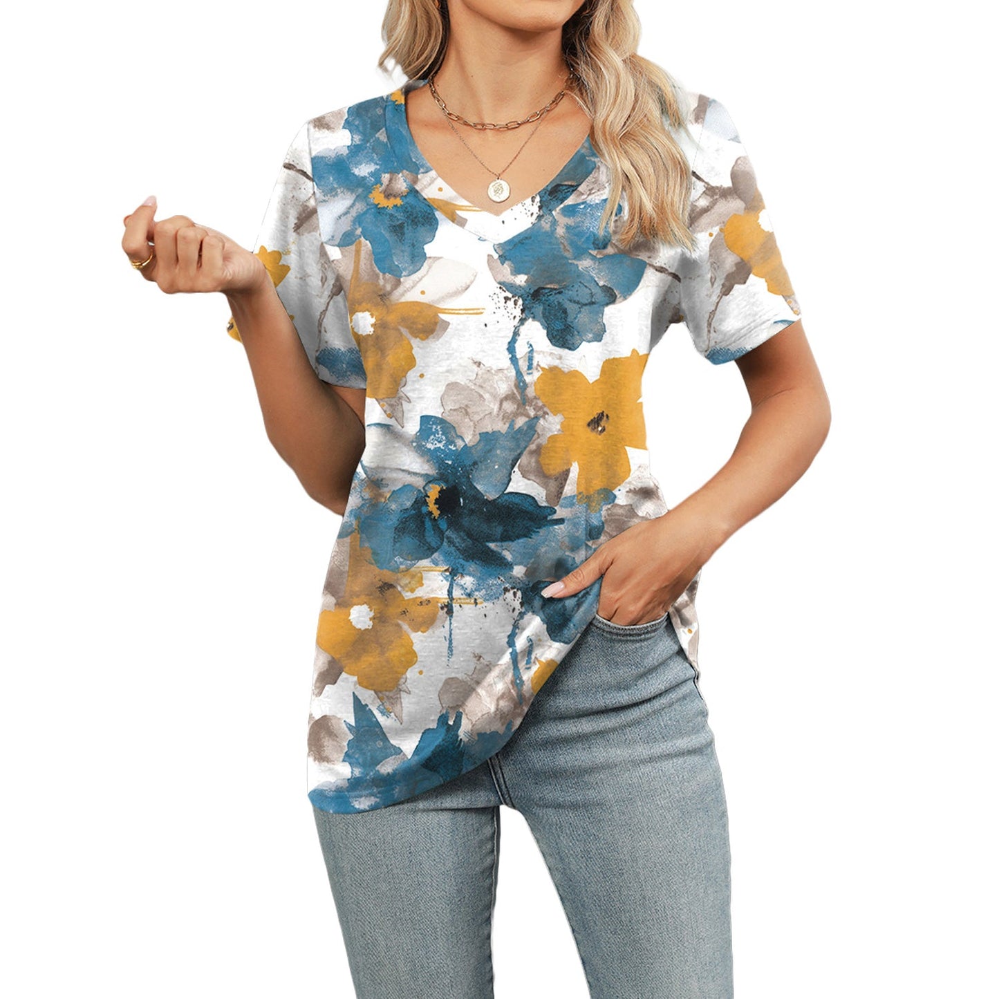 🔥Top1 Best Seller T-shirts 2025🔥Women V-neck 3D Floral Print Loose Casual T-shirts