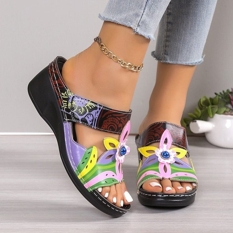 🧚Women's Open Toe Colorblock Wedge Slide Sandals