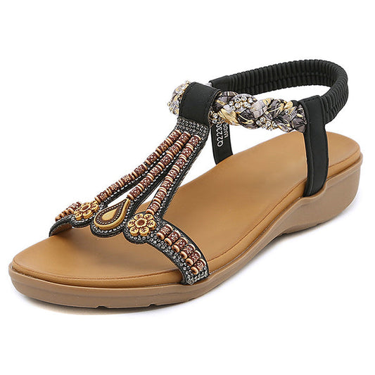 LAST DAY 70% OFF-Womens Rhinestone Beads Bohemian Breathable Wedge Sandals